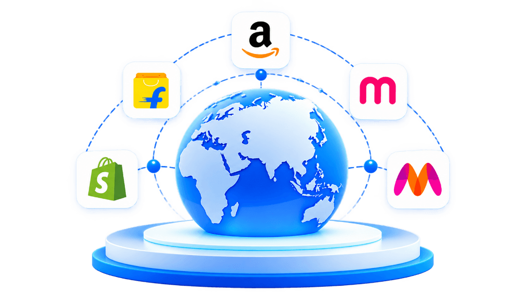 E-commerce Platforms Orbiting Globe - Amazon, Flipkart, Shopify, Meesho, Myntra