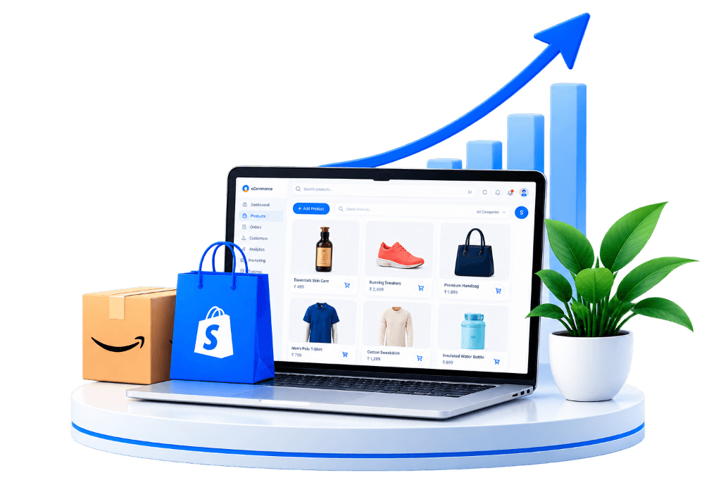 Why Brands Choose eGrows 3D Graphic - Dashboard, Shopify, Amazon & Growth Chart